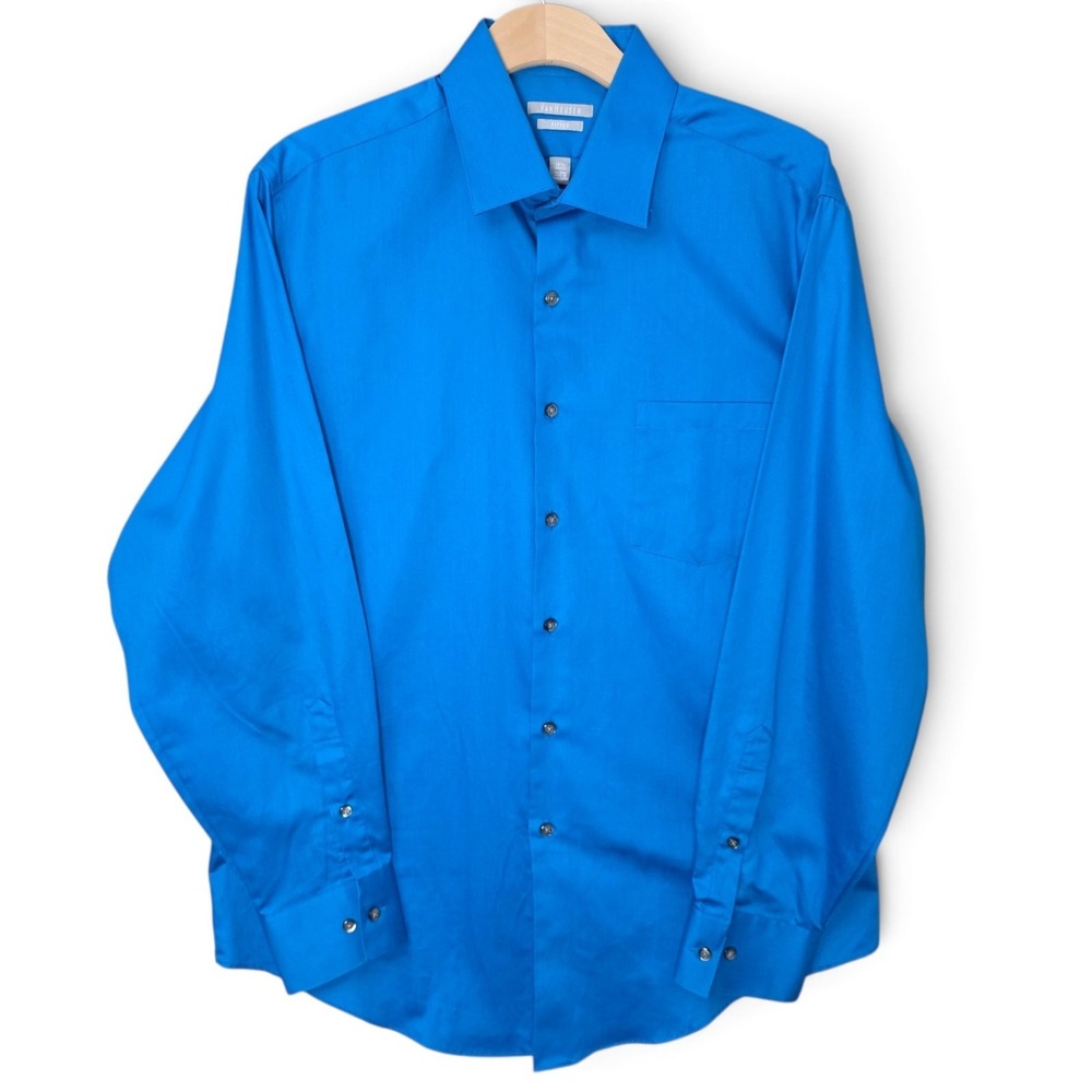 Van Heusen Mens Dress Shirt 16.5 34/35 Fitted Bright Blue Long Sleeve No Iron